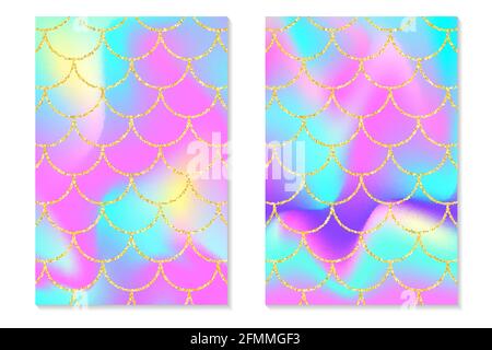 Satz von holographischen Regenbogen Hintergrund. Goldschuppen der Meerjungfrau. Hologrammdruck. Stock Vektor