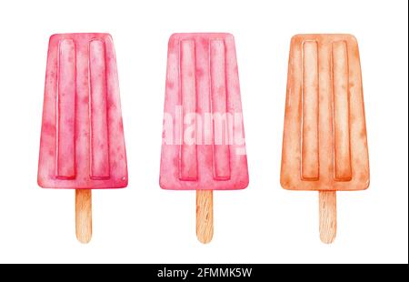 Aquarell-Set aus Eis auf Stöcken. Erdbeer- und Karamell-Eis-Pops isoliert auf weißem Hintergrund. Handgezeichnete Clipart-Illustration. Perfekt für Karten, Menüs, Drucke, Dekorationen, Covers. Stockfoto