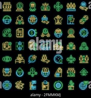 Franchise-Symbole gesetzt. Umreißen Satz von Franchise-Vektor-Symbole Neonfarbe auf schwarz Stock Vektor