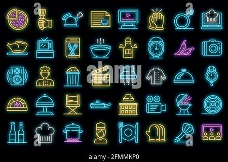 Symbole für Kochvorführungen eingestellt. Skizzieren Sie Set von Kochshow Vektor-Symbole Neonfarbe auf schwarz Stock Vektor