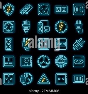 Symbole für Netzsteckdose eingestellt. Umreißen Sie die Vektorsymbole der Netzsteckdose in Neonfarbe auf Schwarz Stock Vektor