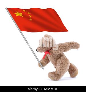 Die Flagge der Volksrepublik China wird von einem niedlichen Menschen getragen teddybär Stockfoto