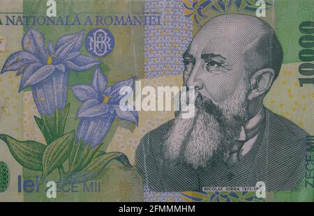 Fragment der Banknote 10000 rumänischer lei, Serie 1999 - Polymer, für Designzwecke Stockfoto