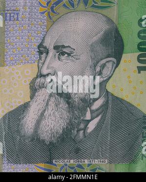 Fragment der Banknote 10000 rumänischer lei, Serie 1999 - Polymer, für Designzwecke Stockfoto