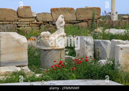 Nahaufnahme der geschnitzten Marmorsäulenbasis mit Ruinen und Wildblumen, Insel des antiken Delos, griechischer Archipel, Griechenland Stockfoto