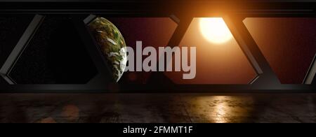 Raumstation - Blick auf einem Planeten aus einer Raumstation in der Umlaufbahn - 3D-Rendering Stockfoto