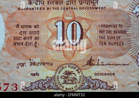 10 indische Rupie-Banknote, Lion Capital Series, 1992, für Designzwecke Stockfoto