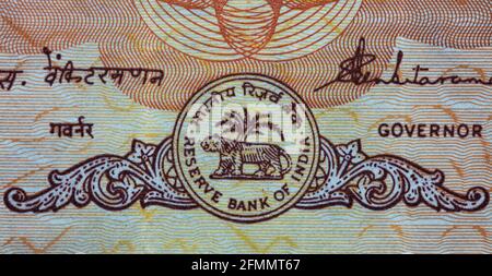 10 indische Rupie-Banknote, Lion Capital Series, 1992, für Designzwecke Stockfoto
