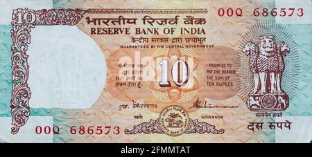 10 indische Rupie-Banknote, Lion Capital Series, 1992, für Designzwecke Stockfoto
