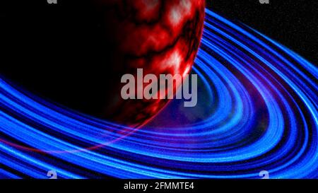Großer roter Planet mit neonblauen Ringen im Weltraumnebel mit Sternen. Umgebung 360 HDRI. Äquivalrechteckige Projektion sphärisches Panorama 3d-Fantasie Stockfoto