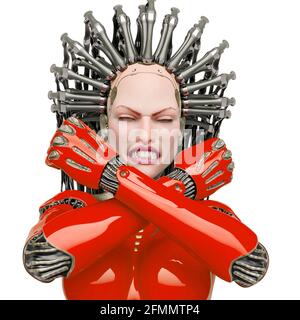Super Cyborg ist wütend und das Gefühl bereit für Krieg Nahaufnahme, 3d-Illustration Stockfoto
