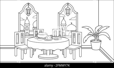 Hintergrund muslimische Familie religiös im Speisesaal, während iftar Partei, und Viel Essen.Ramadan Laterne muslim mit dekorativen Pflanzen.Hintergrund muslim illu Stock Vektor
