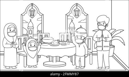 Während der Corona-Virus-Pandemie bleibt die muslimische Familie zu Hause und Party bei iftar maghrib, im ramadan month.Using Masken und Gesundheit protocols.children boo Stock Vektor