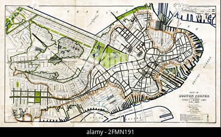 Boston 19. Jahrhundert ändert Karte. Originaltitel: 'Plan of Boston proper, showing changes in Street and Wharf lines, 1795 to 1895.' Dies ist eine verbesserte, wiederhergestellte Reproduktion einer alten Karte. Es zeigt, wie sich Boston im späten 19. Jahrhundert verändert hat. Zeigt Änderungen an Straßen- und Hafenlinien. Stockfoto