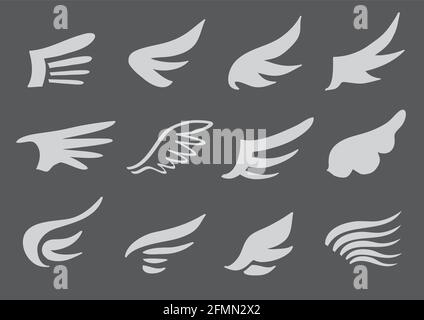 Mehrere Designs von isoliertem Flügellogo in monochromatischem Grau. Stock Vektor