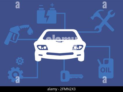 Vektordarstellung zum Konzept der Fahrzeugwartung mit Symbolen für Autobatterie, Reparaturwerkzeuge, Benzin, Getriebe und Schlüssel, die mit einem Fahrzeug in der Mitte verbunden sind. Stock Vektor
