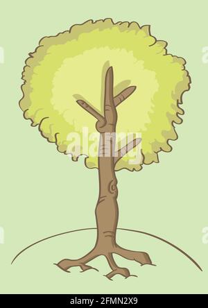 Vektor-Illustration eines hohen grünen Baumes tief verwurzelt auf dem Boden in Cartoon-Stil mit Kontur isoliert auf beruhigenden pastellgrünen Hintergrund. Stock Vektor