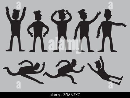 Vektor-Illustration von Silhouetten von Comic-Mann-Figuren in schwarz mit verschiedenen animierten Gesten isoliert vor schlichtem grauen Hintergrund. Stock Vektor