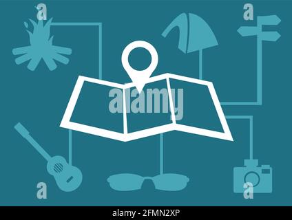 Vektor-Illustration über Camping-Konzept mit Symbolen von Lagerfeuer, Zelt, Richtungsschild, Gitarre, Sonnenbrille und Kamera verbunden mit einer Karte in der Mitte. Stock Vektor