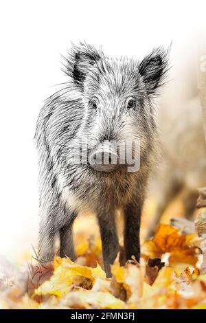 Skizzengrafiken monochrome Illustration und Foto Wildschwein Kombination. Handgezeichnetes Tier gemischt mit Foto (Originale, keine Nachzeichnung) Stockfoto