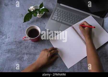 Weibliche Hände halten einen Stift mit selektivem Fokus Stockfoto