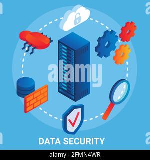 Flussdiagramm zur Datensicherheit, Vektordarstellung. Isometrisches Server-Rack, Cloud, Shield, Computerfehler, Zahnräder. Datenschutz Stock Vektor