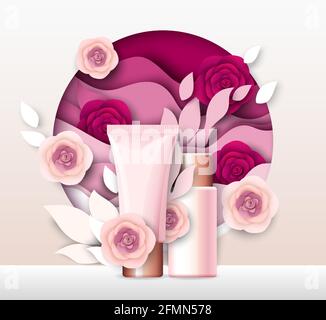 Kosmetische Verpackung Flasche Mockup, Papier geschnitten rosa floralen Hintergrund, Vektor-Illustration. Vorlage für Anzeigen von Hautpflegeprodukten. Stock Vektor
