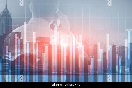 Blue-Chart-Diagramme mit doppelter Belichtung, Finanzdiagramme und -Diagramme. Stockfoto