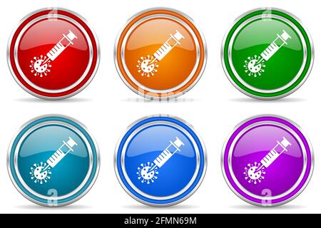 Coronavirus-Impfstoff, silberne metallische glänzende Symbole, Satz moderner Design-Tasten für Web-, Internet- und mobile Anwendungen in 6 Farben als Option Stockfoto