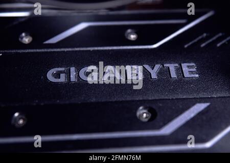 Tyumen, Russland-26. april 2021: Grafikkarte Gigabyte Logo 1660 GTX. Kryptowährungskonzept. Stockfoto