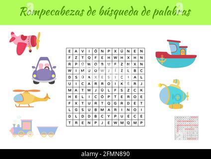 Rompecabezas de búsqueda de palabras - Wortsuche Puzzle. Lernspiel für das Studium der spanischen Wörter. Kinder Aktivität Arbeitsblatt bunt druckbare versio Stock Vektor