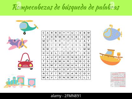Rompecabezas de búsqueda de palabras - Wortsuche Puzzle. Lernspiel für das Studium der spanischen Wörter. Kinder Aktivität Arbeitsblatt bunt druckbare versio Stock Vektor
