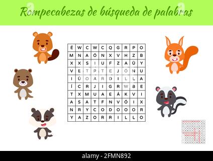 Rompecabezas de búsqueda de palabras - Wortsuche Puzzle. Lernspiel für das Studium der spanischen Wörter. Kinder Aktivität Arbeitsblatt bunt druckbare versio Stock Vektor