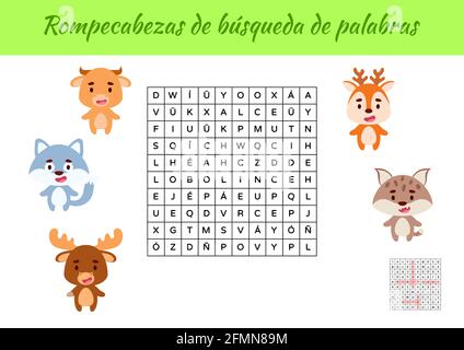 Rompecabezas de búsqueda de palabras - Wortsuche Puzzle. Lernspiel für das Studium der spanischen Wörter. Kinder Aktivität Arbeitsblatt bunt druckbare versio Stock Vektor