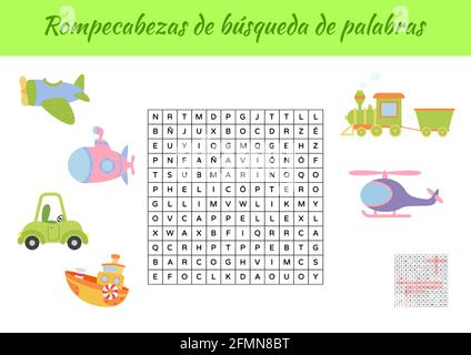 Rompecabezas de búsqueda de palabras - Wortsuche Puzzle. Lernspiel für das Studium der spanischen Wörter. Kinder Aktivität Arbeitsblatt bunt druckbare versio Stock Vektor