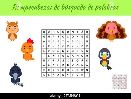 Rompecabezas de búsqueda de palabras - Wortsuche Puzzle. Lernspiel für das Studium der spanischen Wörter. Kinder Aktivität Arbeitsblatt bunt druckbare versio Stock Vektor