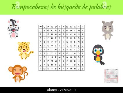 Rompecabezas de búsqueda de palabras - Wortsuche Puzzle. Lernspiel für das Studium der spanischen Wörter. Kinder Aktivität Arbeitsblatt bunt druckbare versio Stock Vektor