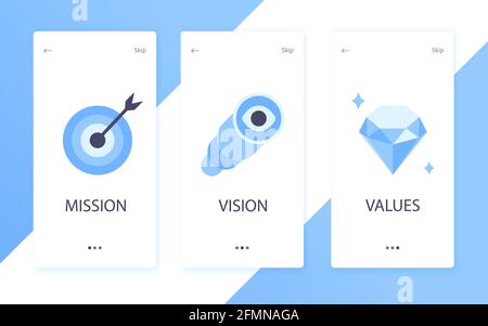 Mission, Vision und Werte flache Stil Design-Symbole Zeichen Web-Konzepte Vektor-Illustration auf weißem Hintergrund isoliert gesetzt. Stock Vektor
