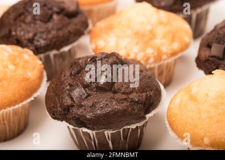 Schokoladen-Muffins mit Schokoladenstückchen und Zitronenmuffins mit Zuckerkristallen auf weißem Hintergrund. Teatime-Genuss. Stockfoto