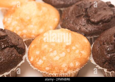 Schokoladen-Muffins mit Schokoladenstückchen und Zitronenmuffins mit Zuckerkristallen auf weißem Hintergrund. Teatime-Genuss. Stockfoto