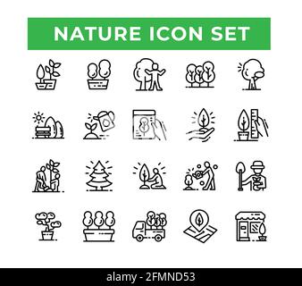 Baum und Natur umrandet Icon Set Vector Stock Vektor