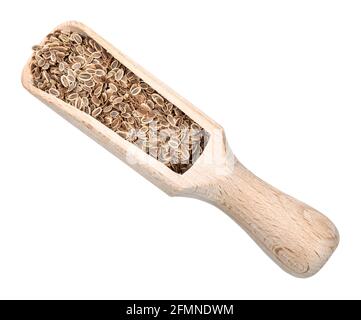 Draufsicht auf Dillsamen in Holzschaufel Ausschnitt auf Weißer Hintergrund Stockfoto
