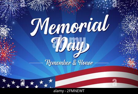 Memorial Day, Remember and Honor handschriftliche Schriftzüge und Feuerwerk. Feier-Design für amerikanische Feiertage mit Text und Flagge auf blauen Balken Stock Vektor