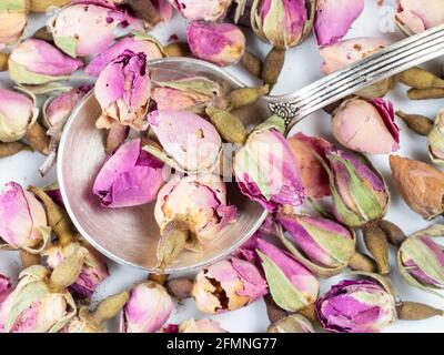 Draufsicht auf silbernen Löffel auf Haufen getrockneter Rose Knospen aus der Nähe Stockfoto
