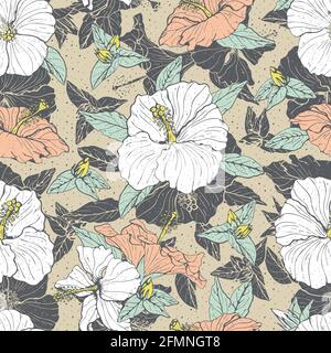 Nahtloses Vintage-Muster mit weißen und rosa Hibiskusblüten, Knospen und Blättern, mit grauem Umriss. Stock Vektor