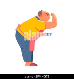 Ältere lustige ältere Mann glücklich leben in der Küche. Großvater kocht Salatgericht mit Glück und Lächeln Genießen Sie den Ruhestand. Ältere Menschen sind aktiv Stock Vektor