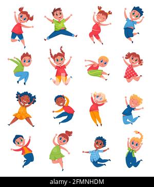 Glückliche Kinder springen und lachen. Fröhliche Schulmädchen und Jungen, die Spaß haben und lächeln. Fröhliche Pre teen Kinder springen Cartoon-Vektor-Set. Multikulturell aktive weibliche und männliche Charaktere Stock Vektor