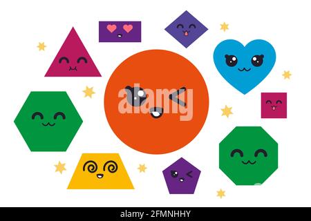 Geometrische Formzeichen. Geometrische einfache Objekte mit lustigen kawaii Gesichter für Kinder Bildung, Kreis, Quadrat und Dreieck, Herz-Vektor-Set. Mathematische Zahlen zum Lernen von Grundkindern Stock Vektor