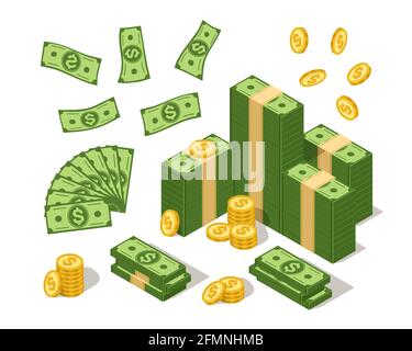 Isometrische Banknoten und Münzen. US-Dollar und Goldmünze, Cartoon-Bargeld mit american-Dollar-Symbol. Vektor für Investitionen und Banken gesetzt. Fliegende Geldpapiere und Stapel. Reichtum und Vermögen Stock Vektor