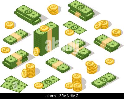 Isometrische Dollar. 3d Geld Bargeld, Cartoon Grünpapier Banknote und goldene Münzen. American Dollar Schatz, Finanzierung Investitionen Vektor gesetzt. Münzen Haufen und großes Einkommen oder Gehaltsgeld Stock Vektor